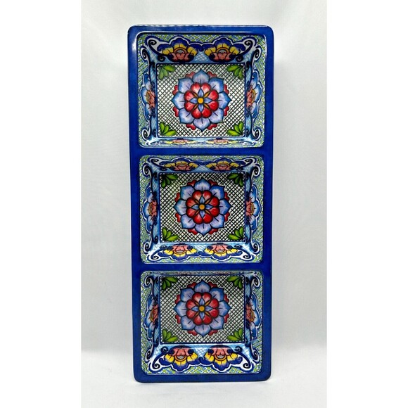 NEW Prepara Melamine 3-Sectional Taco Tray - Day Of The Dead - Blue Spanish Tile - Picture 1 of 9